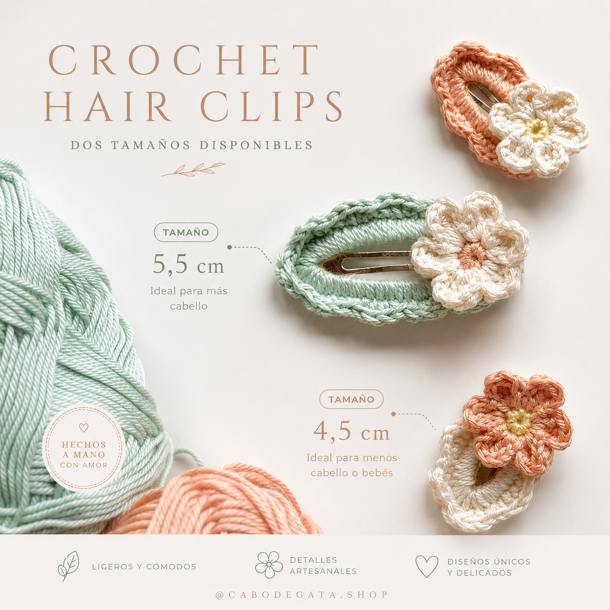 Tamaños de horquillas de crochet con flor 4,5 y 5,5 cm