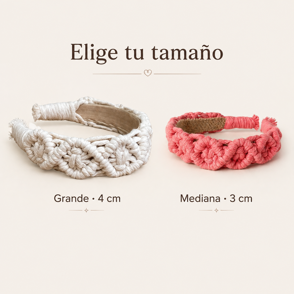Tamaños de diadema de macramé mediana 3 cm y grande 4 cm