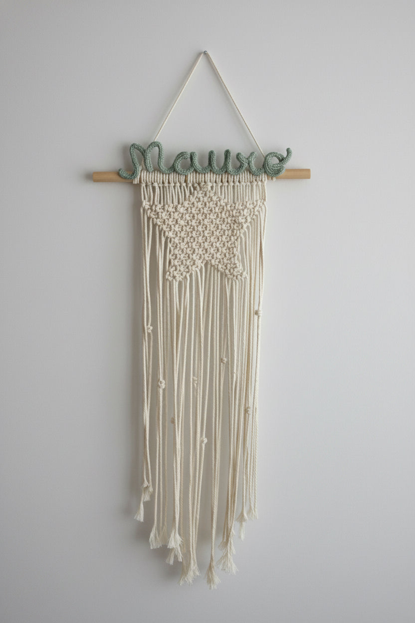 Tapiz decorativo pared corazón y estrella con nombre y macramé