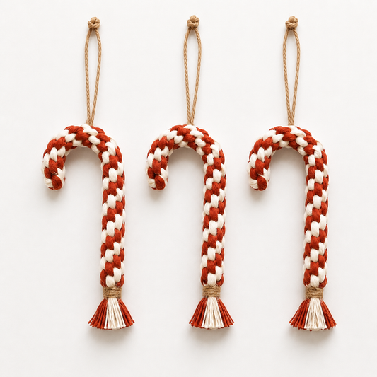 Pack de 3 bastones de Navidad de macramé terracota y blanco natural