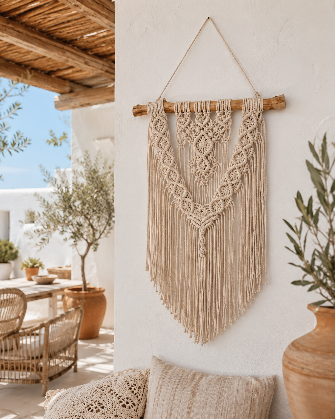 Tapiz de macramé natural en terraza de estilo mediterráneo